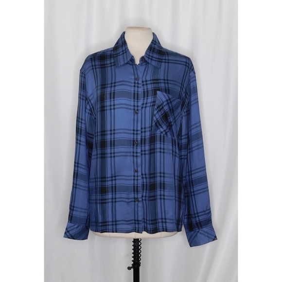 NWT!! WEWOREWHAT Boyfriend Shirt Plaid Navy Blue Collared Oversized Small Medium - Picture 3 of 15